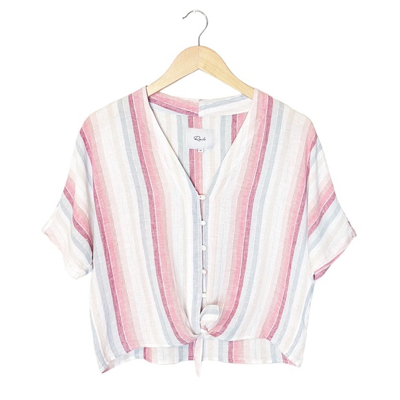 Rails Thea Tropic Stripe Button Front Tie Linen Short Sleeve Top - Picture 2 of 6